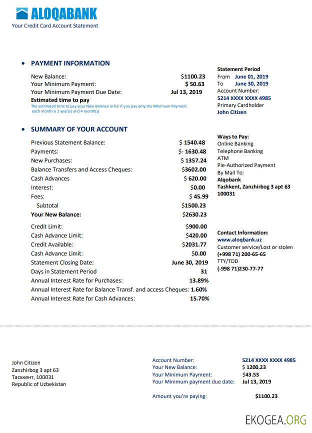 Modèle de justificatif de domicile de l'Aloqabank d'Ouzbékistan au format Word et PDF